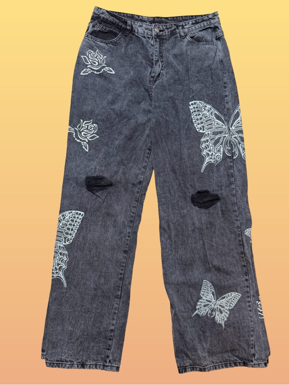 Daisy Street Butterfly Rose Graphic Wide Leg Jeans Gray Acid Wash Distressed XL - Picture 2 of 8